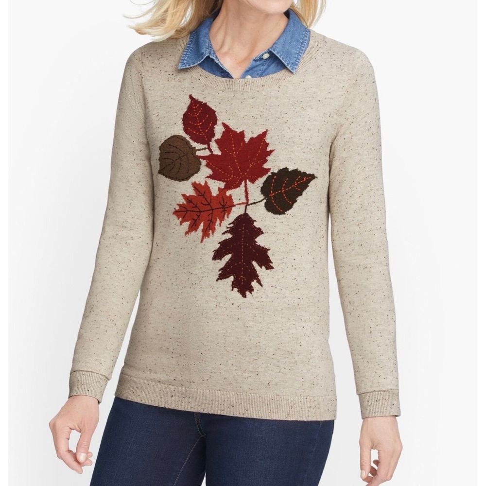 Talbots‎ Cream Fall Leaves Cotton Blend Sweater Pullover XLP Petite Autumn